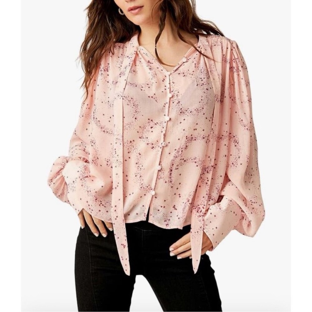 Free People Stars Align Printed Blouse Ballet Pink Combo Size Small